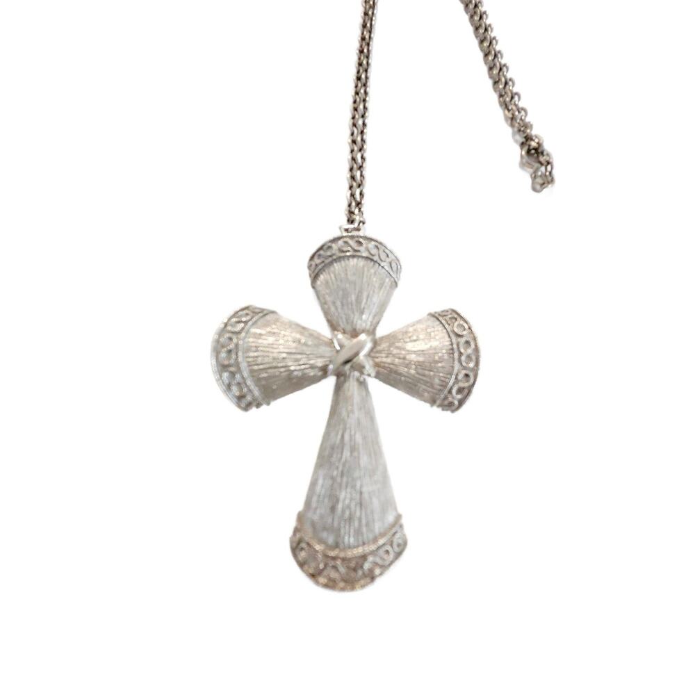 Vintage Silver Tone Cross Pendant Necklace, 1970s